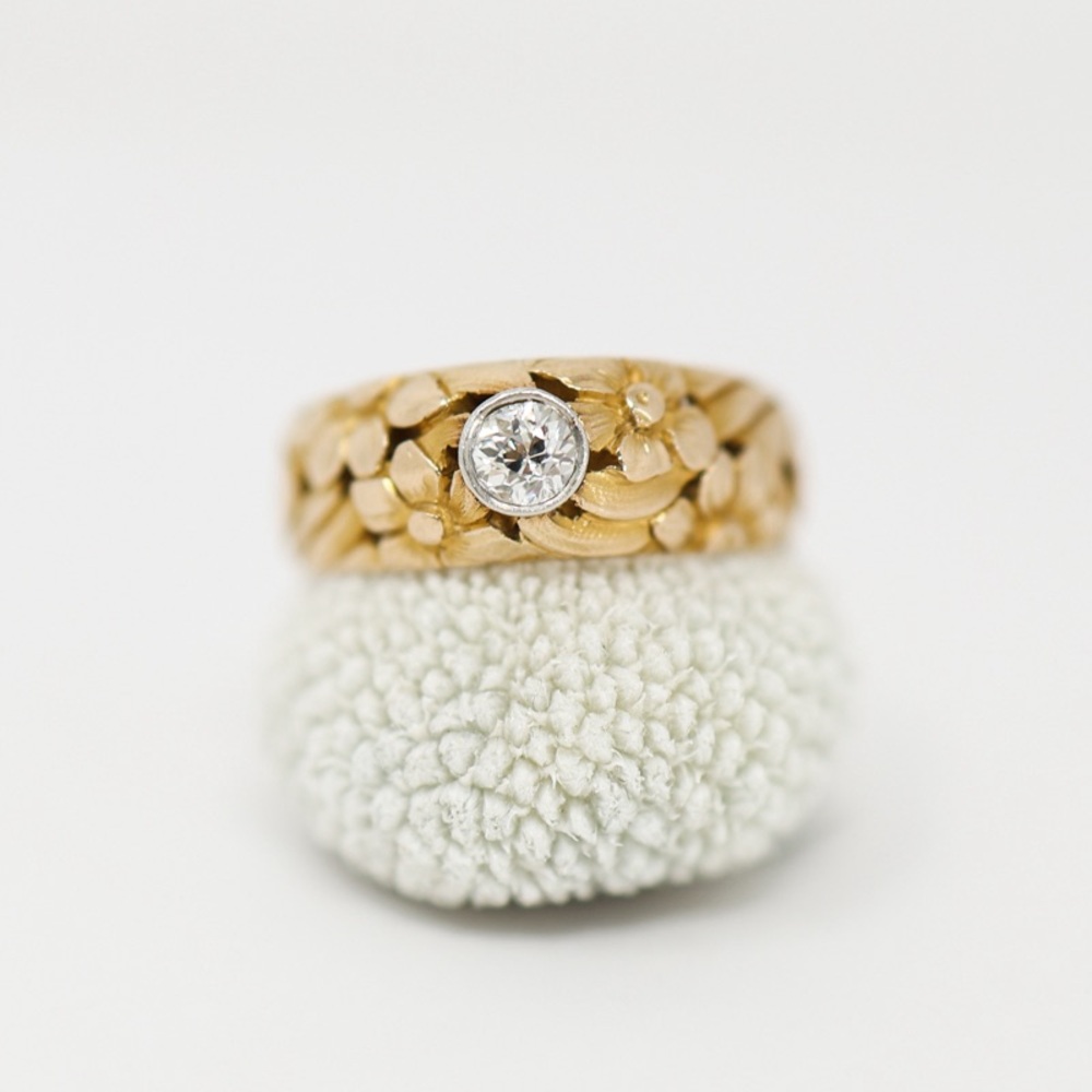 Old European cut diamond floral ring 18k yellow gold, solid gold